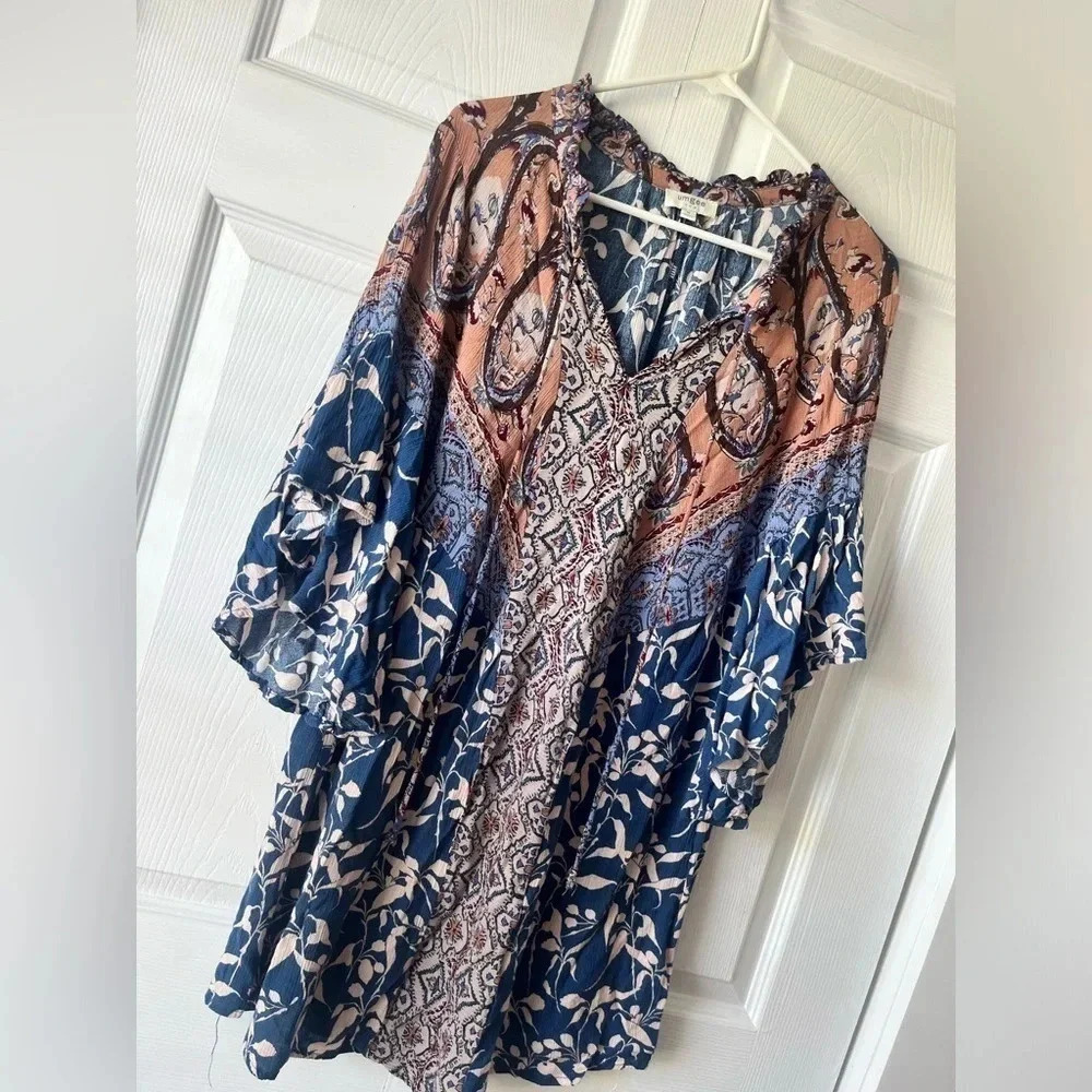 Umgee Boho Paisley Print Dress Sz Med Dress 3/4 Bat Sleeve Flowy Skirt